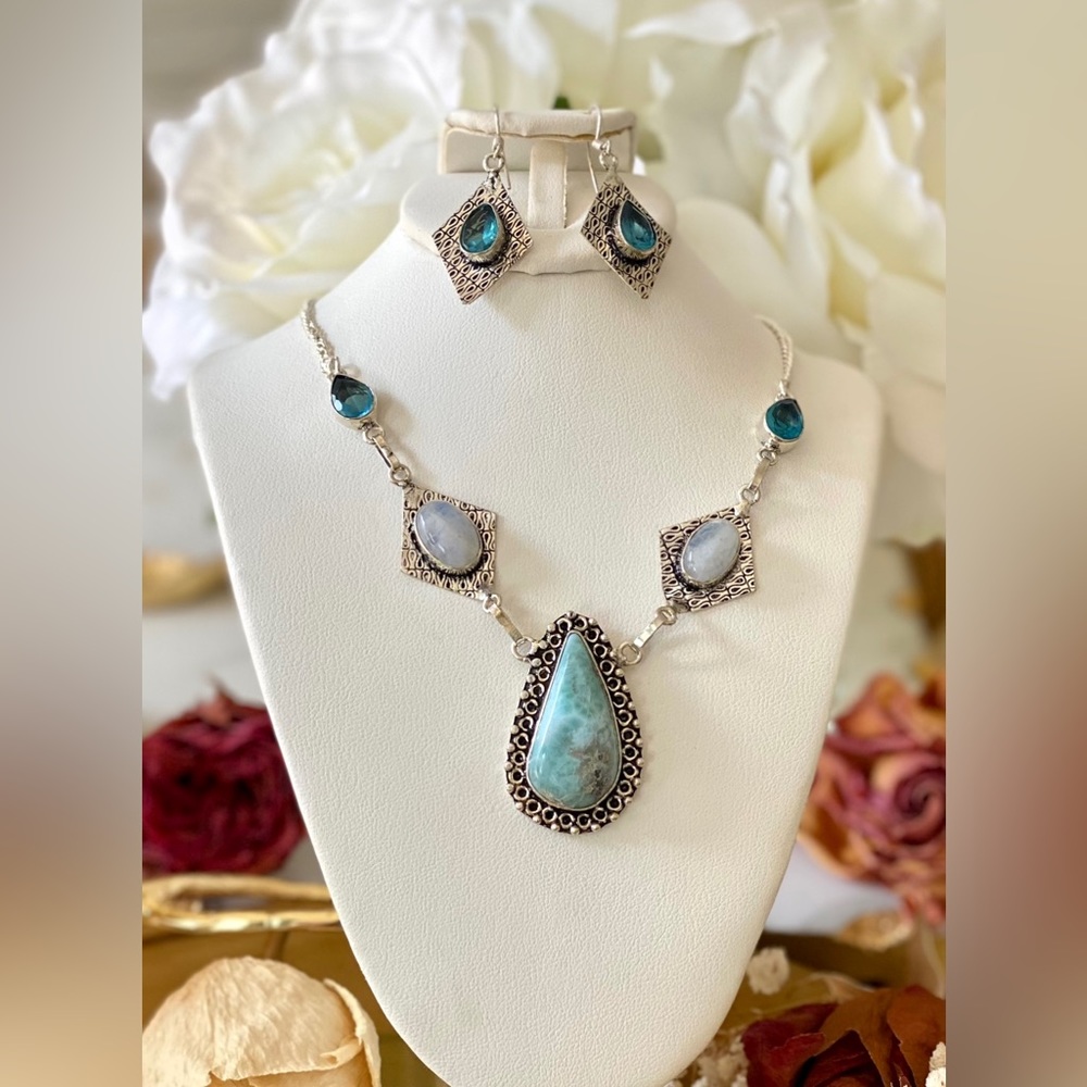 Genuine Larimar, Rainbow Moonstone And Blue Topaz Necklace Earrings Set